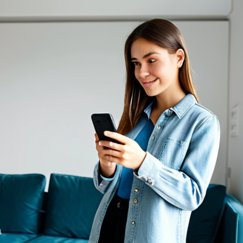 A professional young adult female content creator, fully clothed in a modest, stylish casual outfit. She is standing in a brightly lit modern apartment living room, holding a smartphone in a natural pose, looking at the screen with a focused and pleasant expression as if reviewing her latest content. The background features clean lines and soft natural light. Professional photography, high resolution, perfect anatomy, correct proportions, well-formed hands, proper finger count, natural body proportions, safe for work, appropriate content, family-friendly.