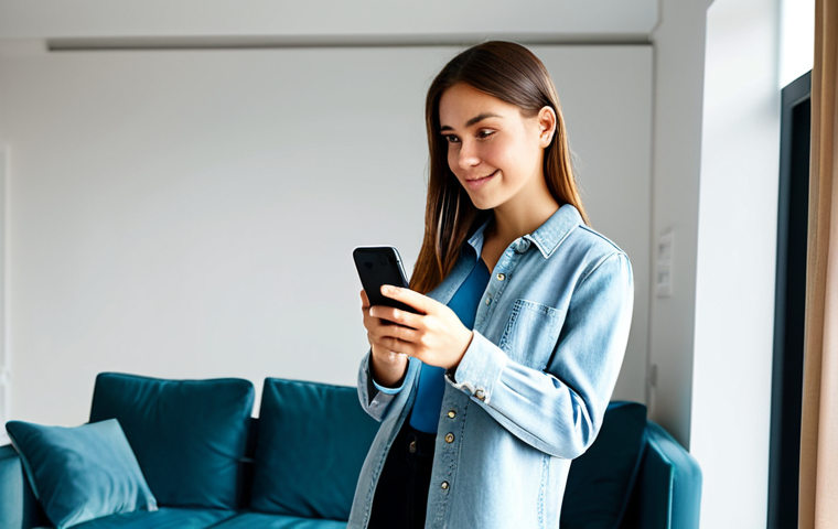A professional young adult female content creator, fully clothed in a modest, stylish casual outfit. She is standing in a brightly lit modern apartment living room, holding a smartphone in a natural pose, looking at the screen with a focused and pleasant expression as if reviewing her latest content. The background features clean lines and soft natural light. Professional photography, high resolution, perfect anatomy, correct proportions, well-formed hands, proper finger count, natural body proportions, safe for work, appropriate content, family-friendly.