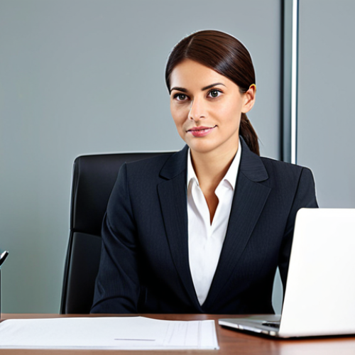 **Professional Businesswoman:** A professional businesswoman in a modest business suit, sitting at a desk in a modern office, fully clothed, appropriate attire, safe for work, perfect anatomy, natural proportions, professional photography, high quality.