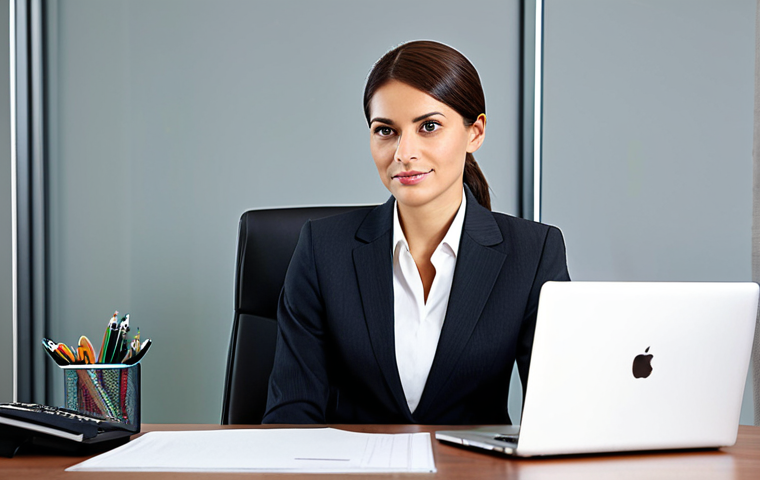 **Professional Businesswoman:** A professional businesswoman in a modest business suit, sitting at a desk in a modern office, fully clothed, appropriate attire, safe for work, perfect anatomy, natural proportions, professional photography, high quality.